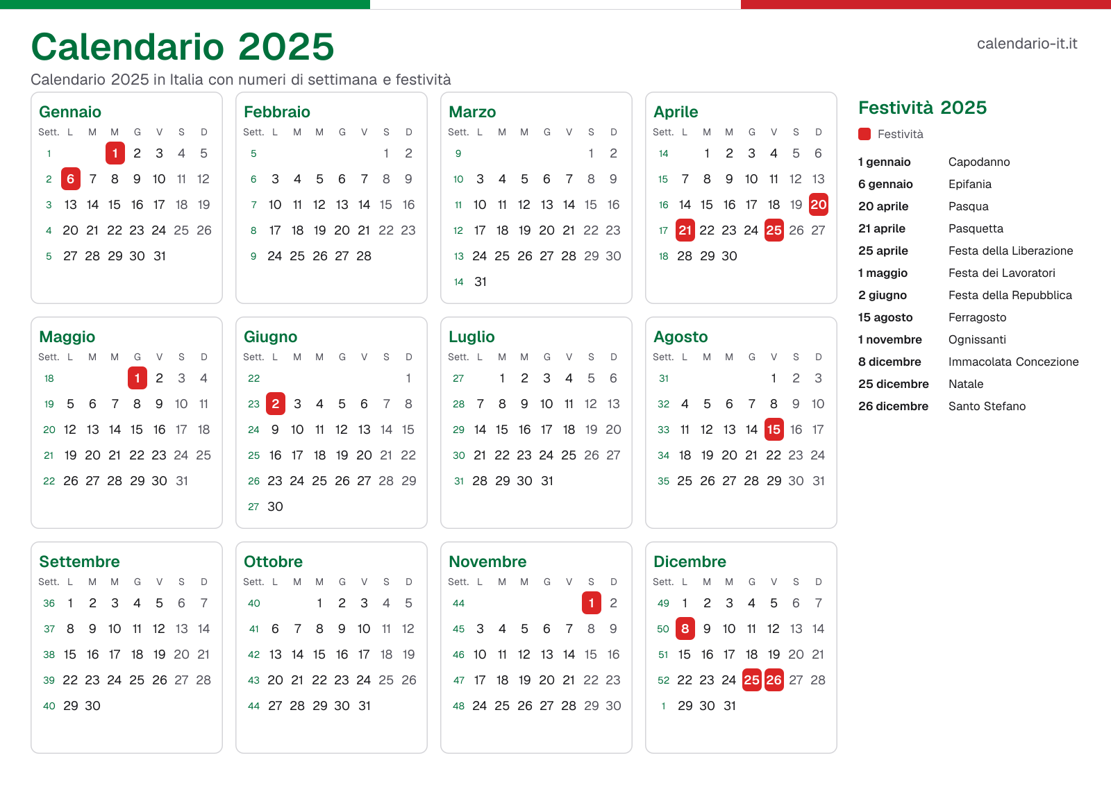 Calendario 2025 con numeri di settimana e festività