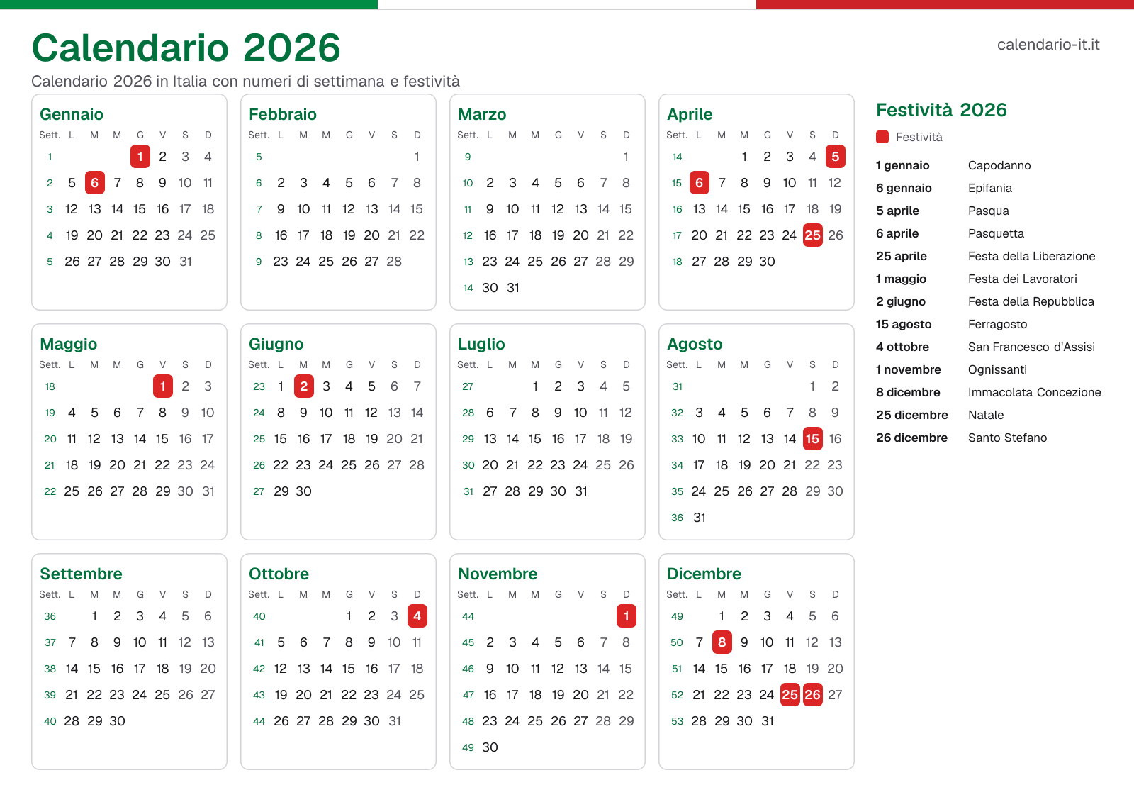 Calendario 2026 con numeri di settimana e festività