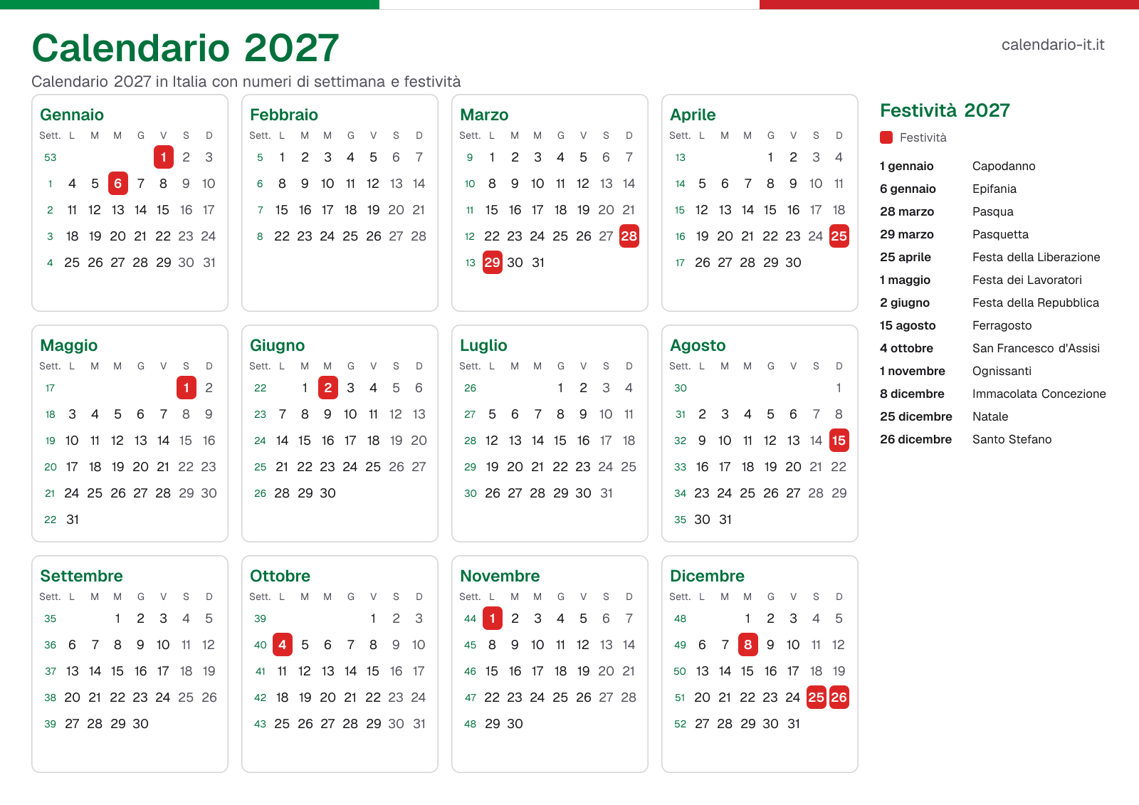Calendario 2027 con numeri di settimana e festività