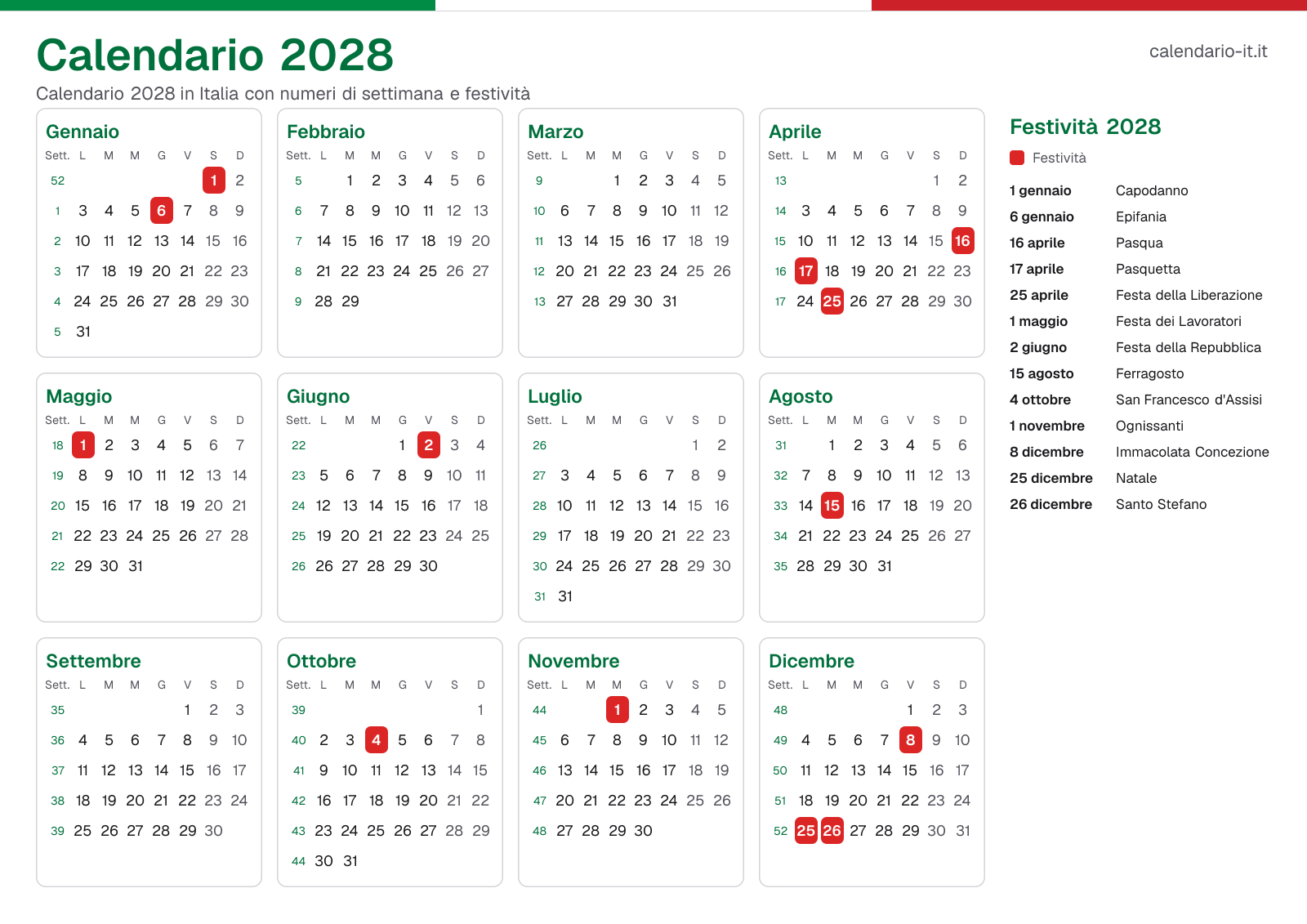 Calendario 2028 con numeri di settimana e festività