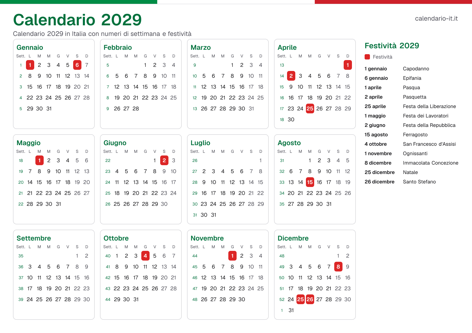 Calendario 2029 con numeri di settimana e festività