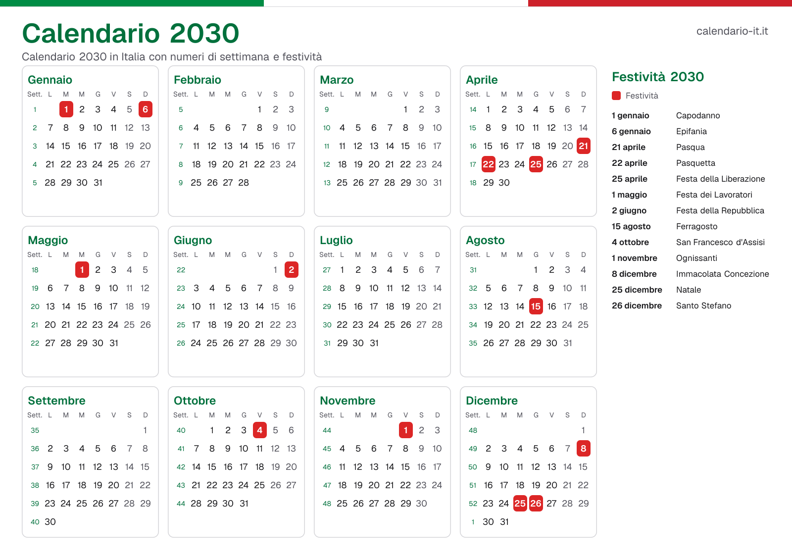 Calendario 2030 con numeri di settimana e festività