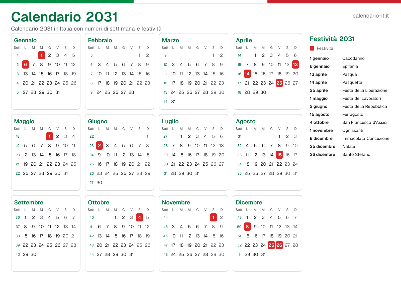 Calendario 2031 con numeri di settimana e festività